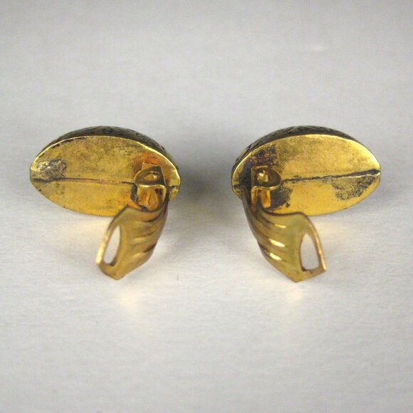 Earrings CLIP ON Imitation Toledo Damscene Goldtone Vintage Spain Button Byzanti - Picture 5 of 6